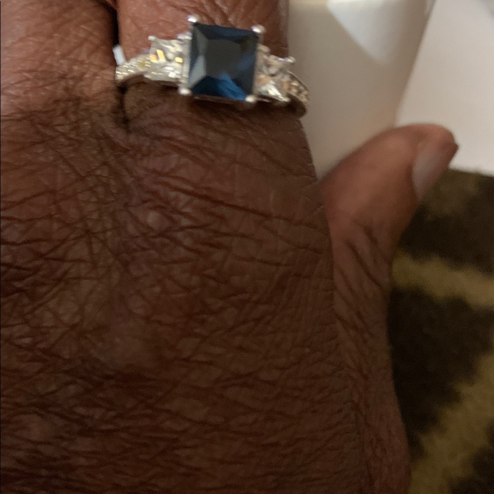 925 Sterling Silver Ring Midnight Blue Sapphire 3-Stone Princess Cut size 10